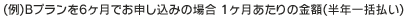 (例)Bプランを6ヶ月でお申し込みの場合 1ヶ月あたりの金額(半年一括払い)