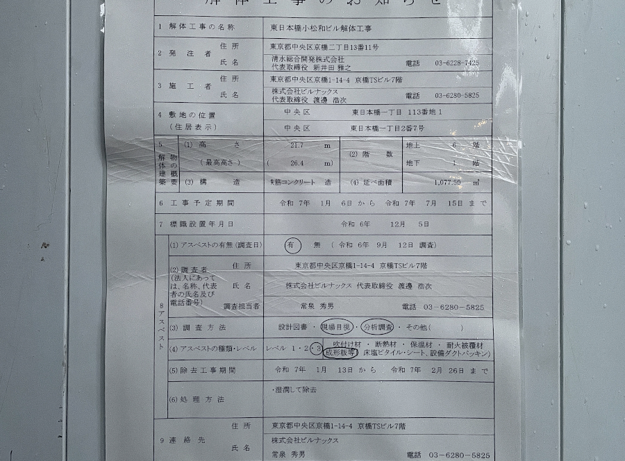 【東京23区】（仮称）東日本橋１丁目でビル解体工事進行中